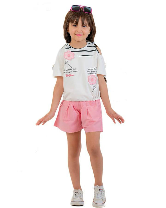 Girls Floral Print Cold Shoulder T-Shirt | Off-White - Remint Kids Fashion