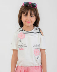 Girls Floral Print Cold Shoulder T-Shirt | Off-White - Remint Kids Fashion