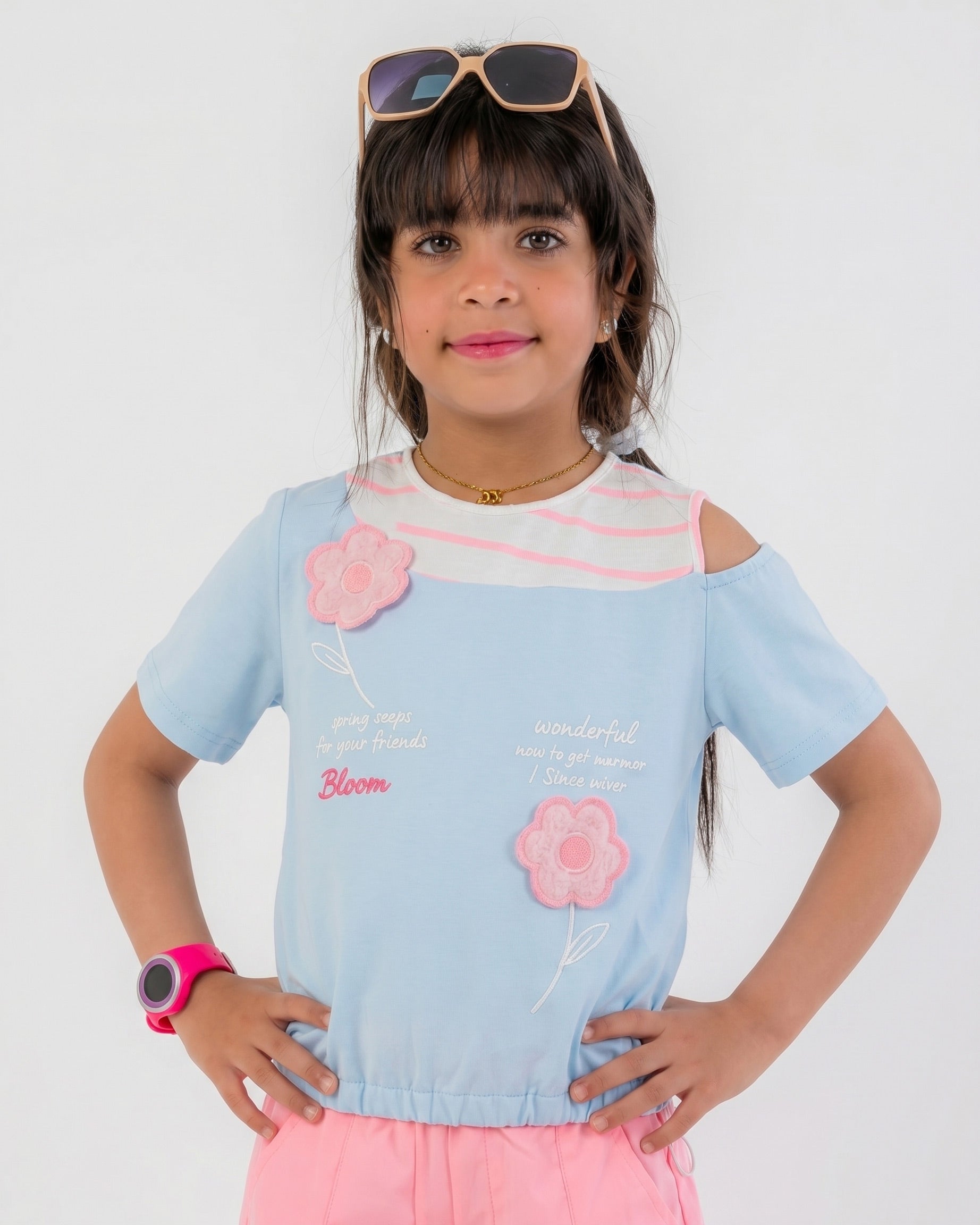 Girls Floral Print Cold Shoulder T-Shirt | Sky Blue - Remint Kids Fashion