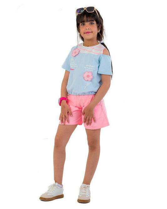 Girls Floral Print Cold Shoulder T-Shirt | Sky Blue - Remint Kids Fashion