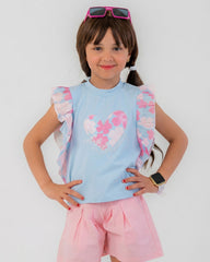 Girls Ruffle Sleeve Heart Print T-Shirt | Sky Blue - Remint Kids Fashion