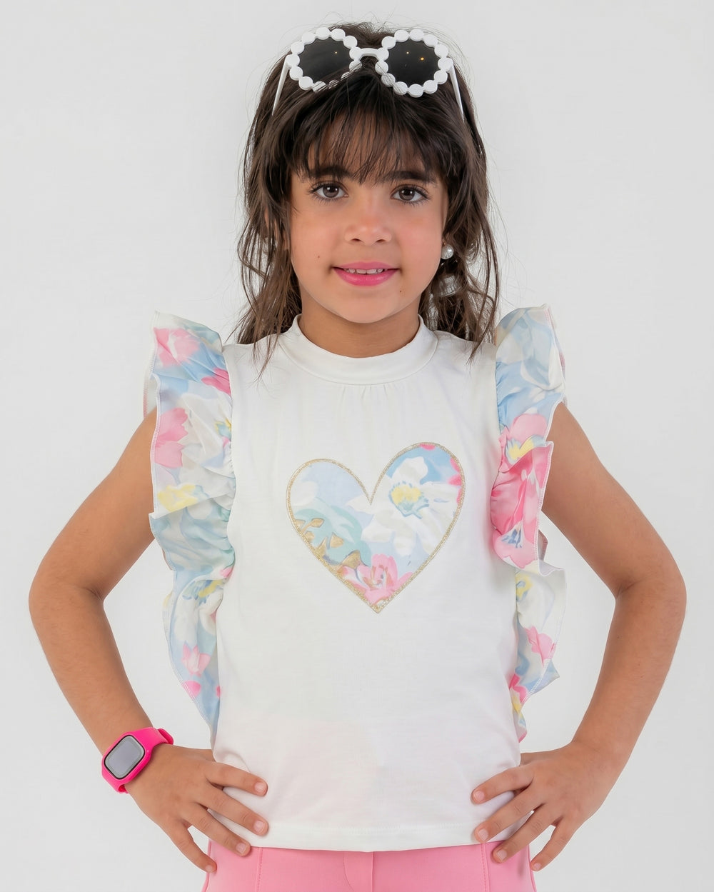 Girls Ruffle Sleeve Heart Print T-Shirt | Off-White - Remint Kids Fashion