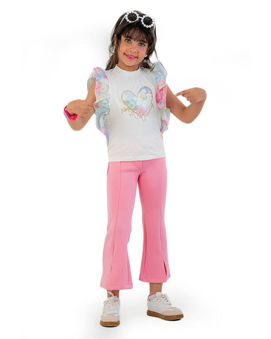 Girls Ruffle Sleeve Heart Print T-Shirt | Off-White - Remint Kids Fashion