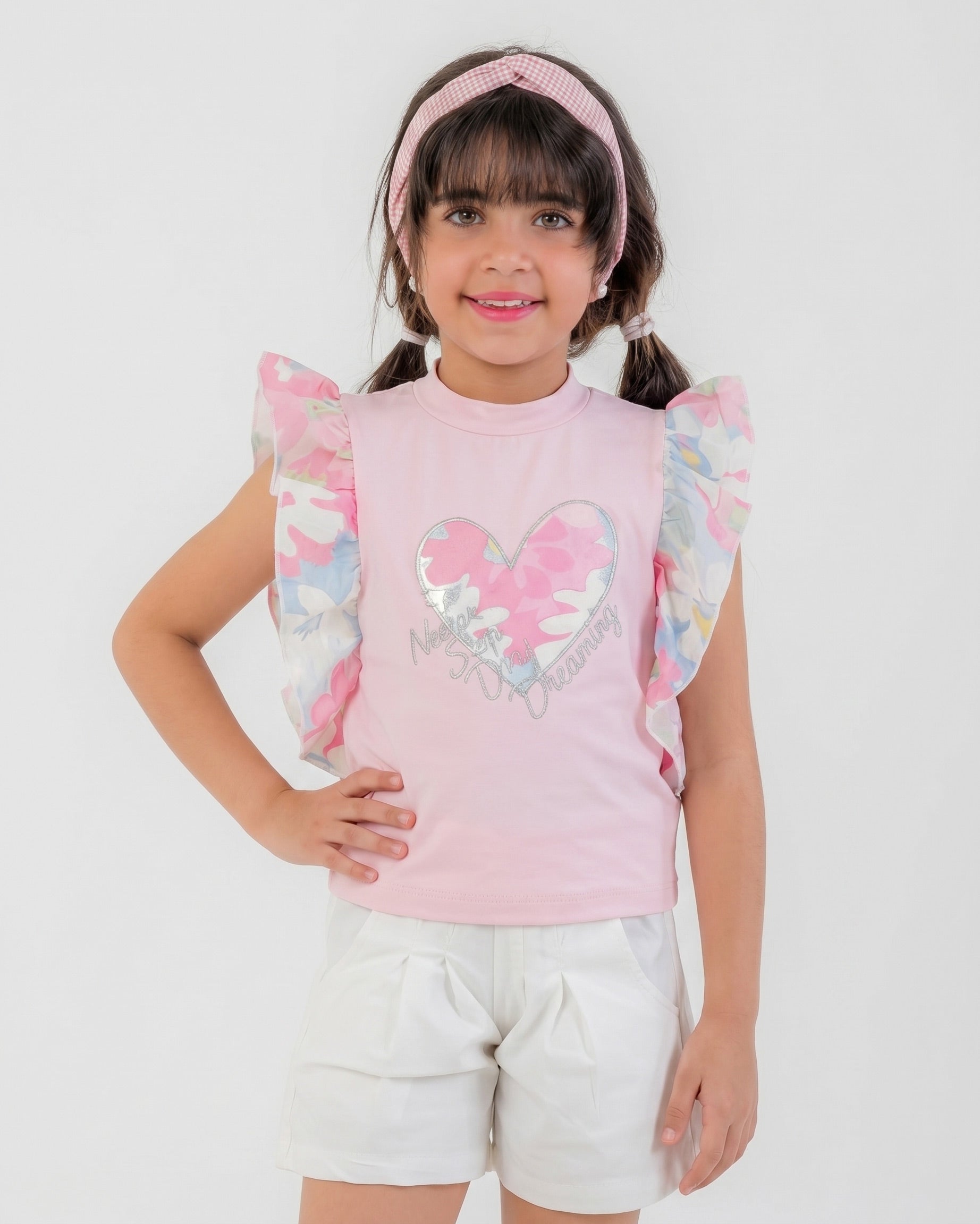 Girls Ruffle Sleeve Heart Print T-Shirt | Apricot - Remint Kids Fashion