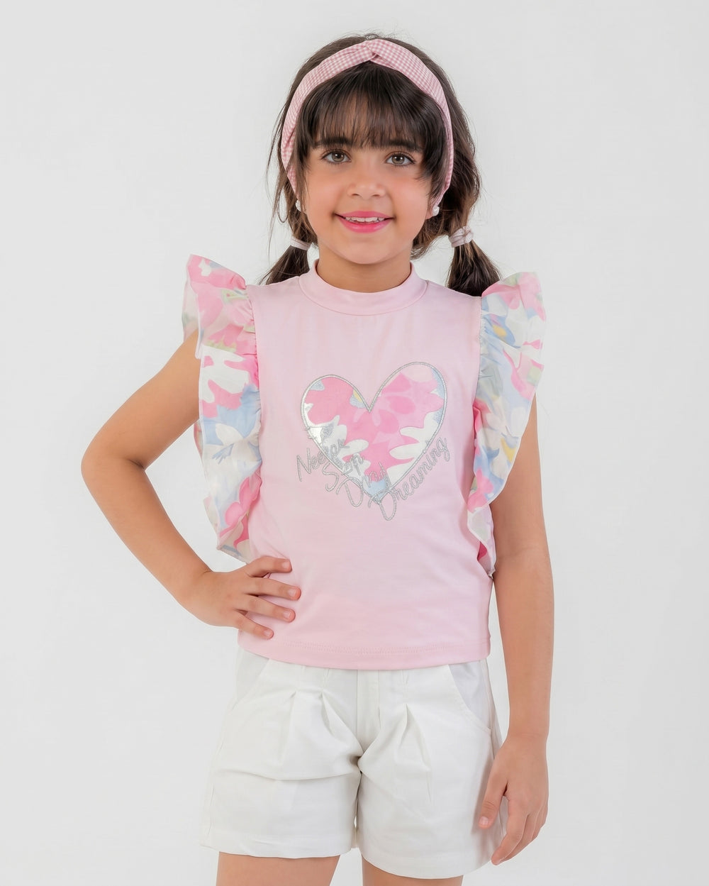 Girls Ruffle Sleeve Heart Print T-Shirt | Apricot - Remint Kids Fashion