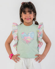 Girls Ruffle Sleeve Heart Print T-Shirt | Mint - Remint Kids Fashion