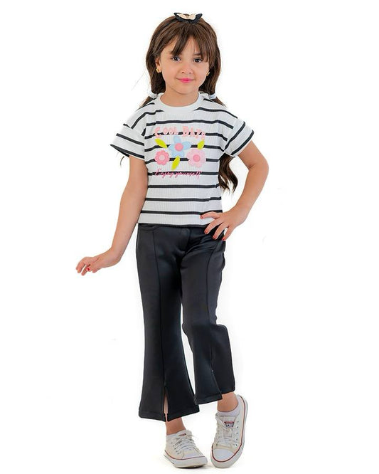 Girls Striped Floral Graphic T-Shirt | Black - Remint Kids Fashion