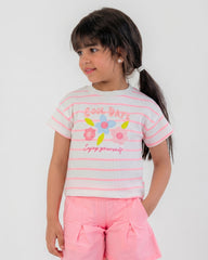 Girls Striped Floral Graphic T-Shirt | Pink - Remint Kids Fashion