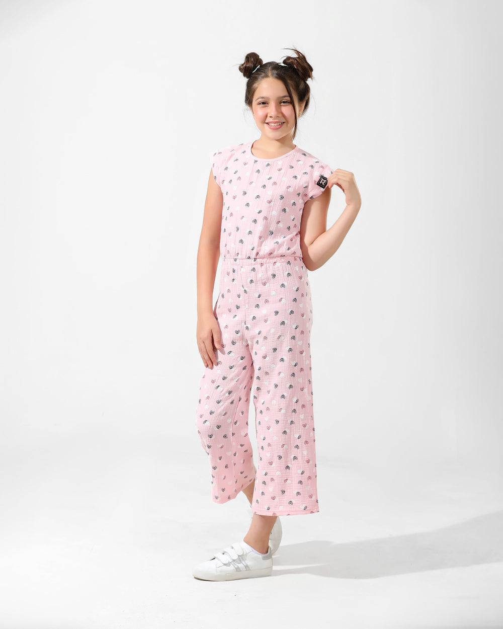 Girls Heart-Print Jumpsuit | Pink - Remint Kids Fashion
