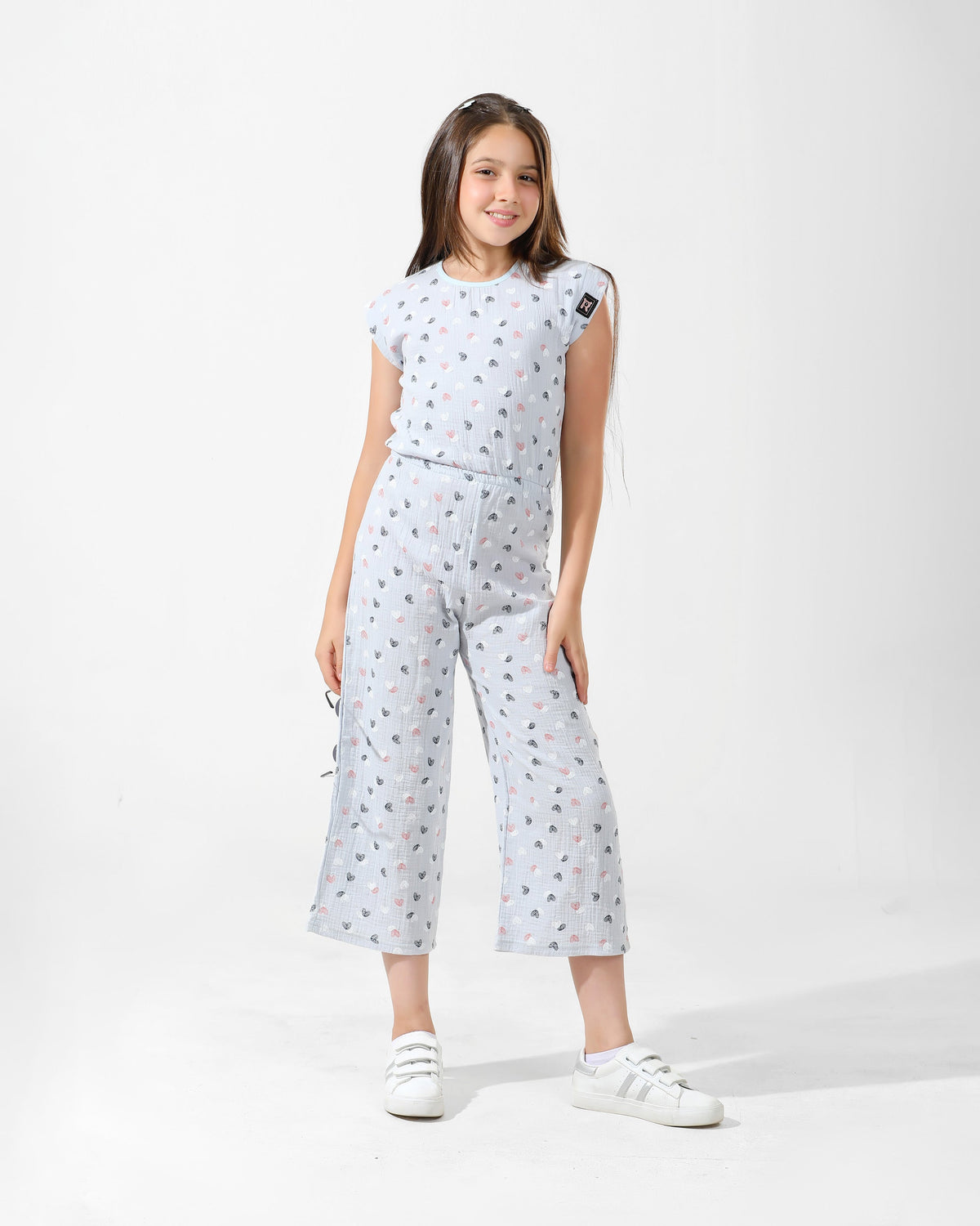 Girls Heart-Print Jumpsuit | Sky Blue - Remint Kids Fashion