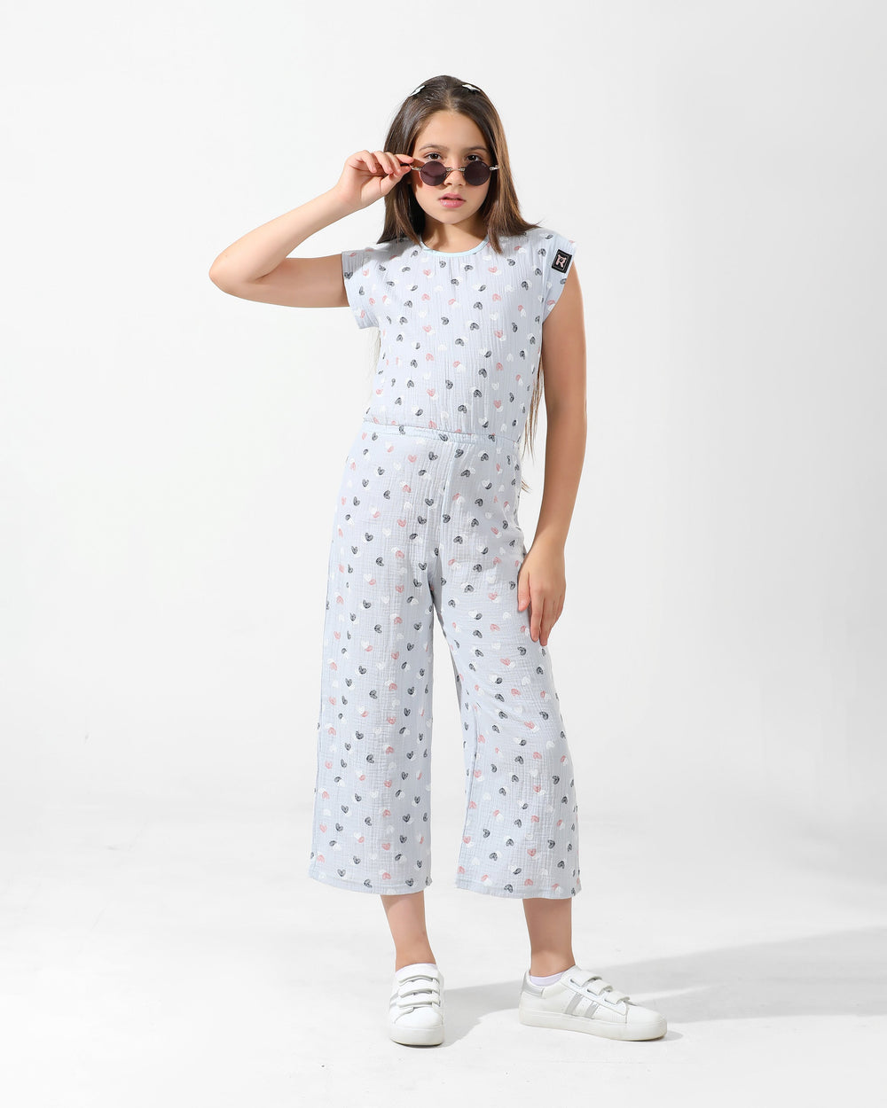 Girls Heart-Print Jumpsuit | Sky Blue - Remint Kids Fashion