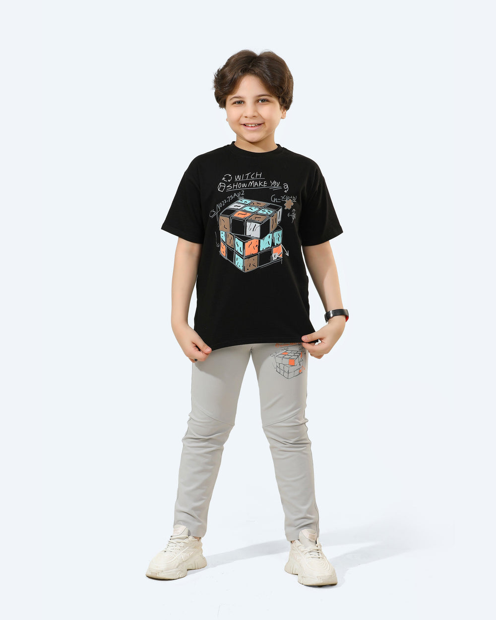 Rubik-Inspired Boys Set with Puzzle Cube Print | Black - Remint Kids Fashion