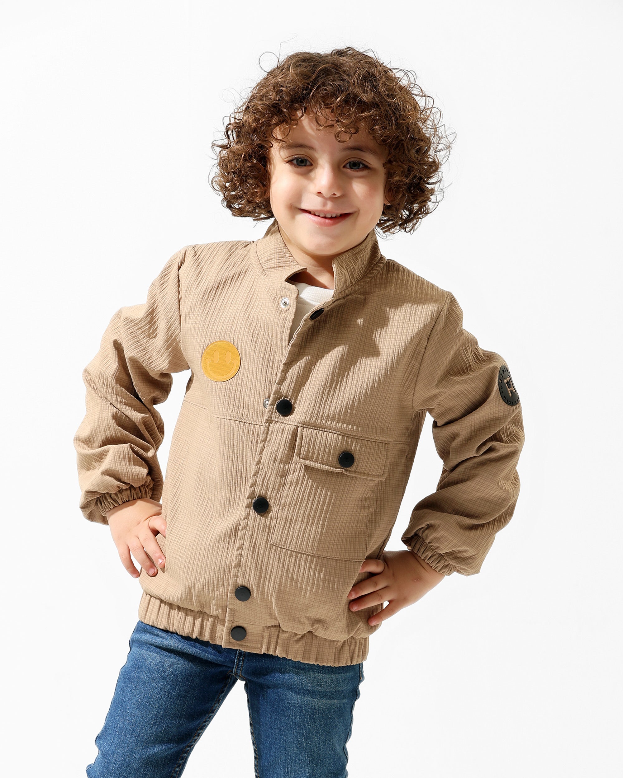 Boys Smiley Graphic Jacket & T-Shirt Set | Camel - Remint Kids Fashion