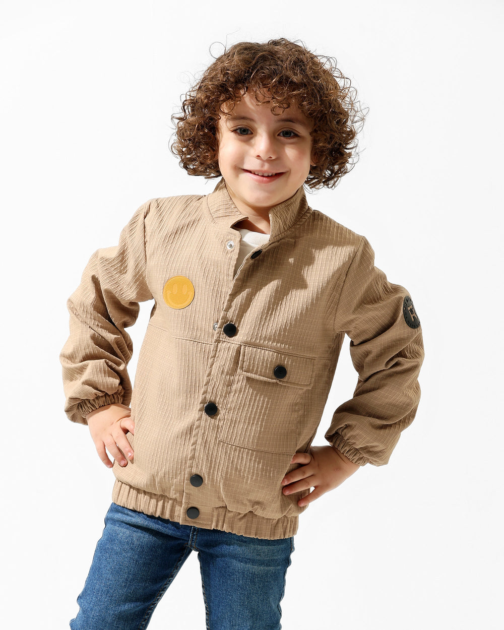 Boys Smiley Graphic Jacket & T-Shirt Set | Camel - Remint Kids Fashion