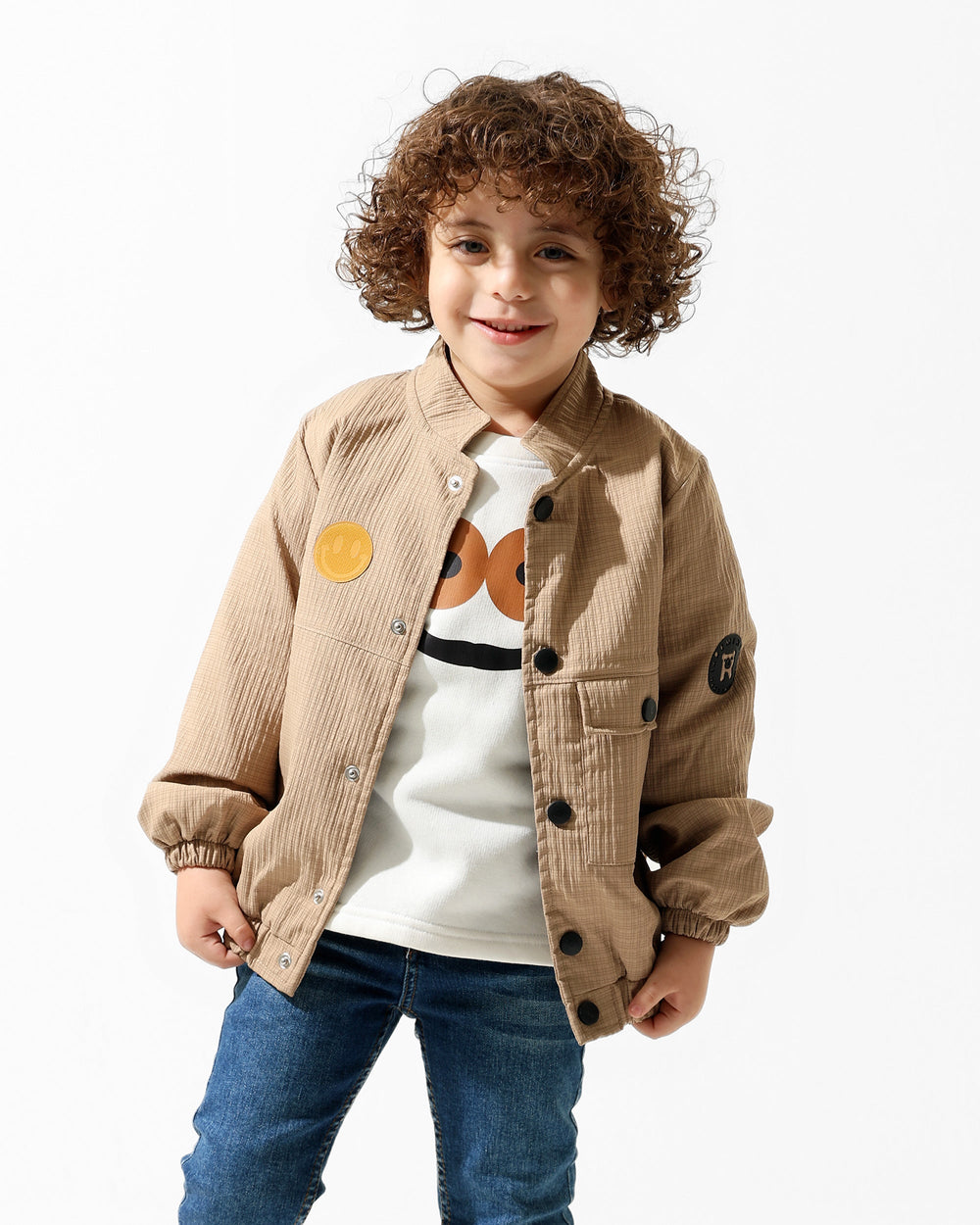 Boys Smiley Graphic Jacket & T-Shirt Set | Camel - Remint Kids Fashion