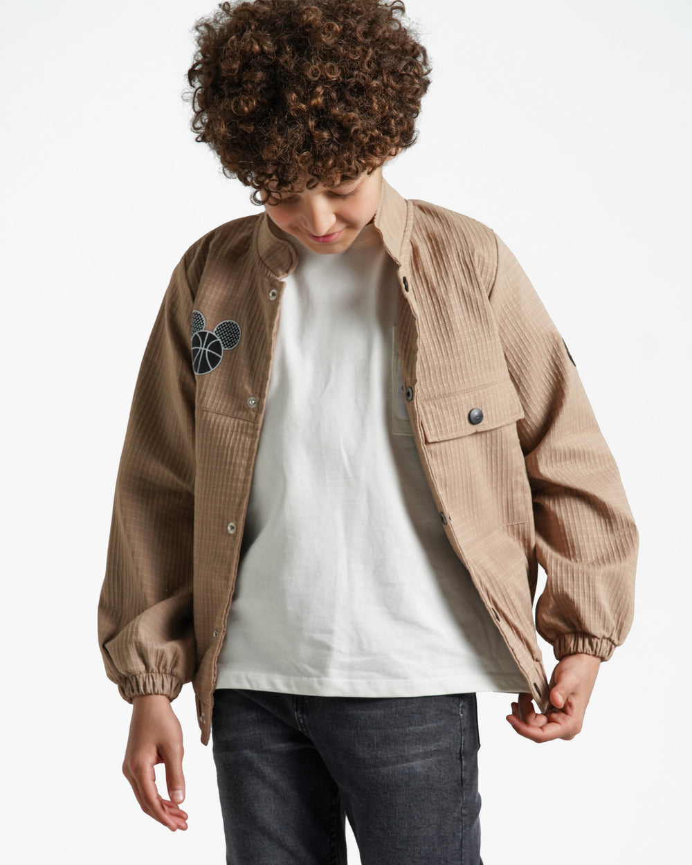 Boys Textured Snap-Button Jacket | Camel - Remint Kids Fashion