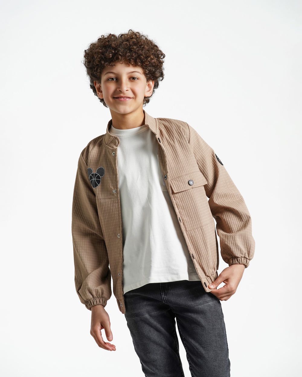 Boys Textured Snap-Button Jacket | Camel - Remint Kids Fashion