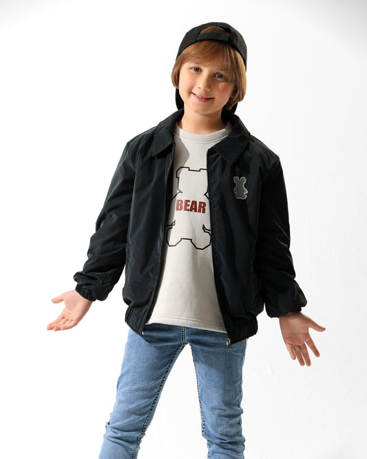 Boys Bear Graphic Jacket & T-Shirt Set | Black - Remint Kids Fashion