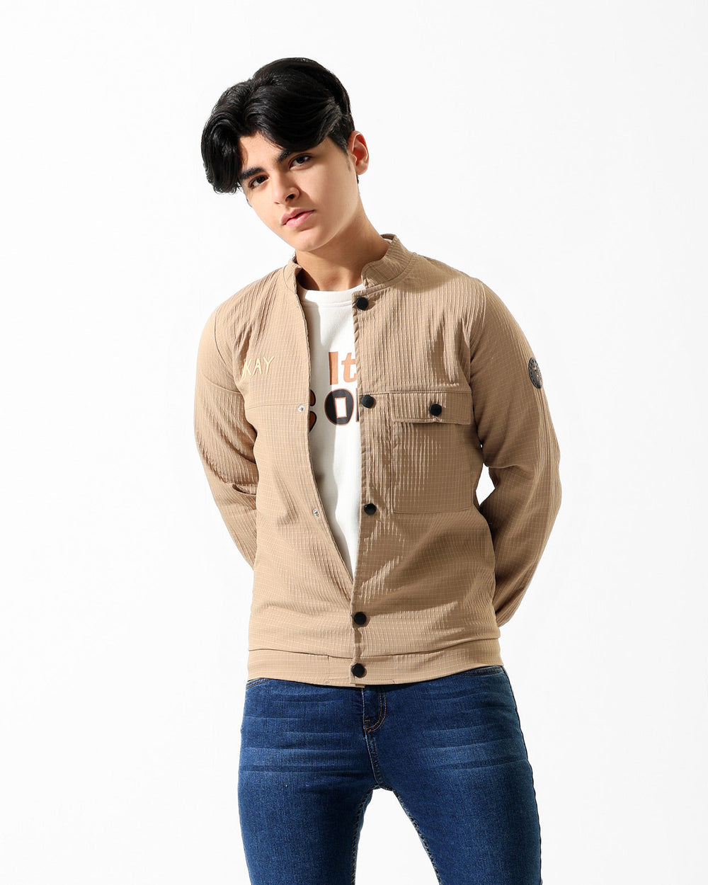 Text Graphic Jacket & T-Shirt Set | Camel - Remint Kids Fashion