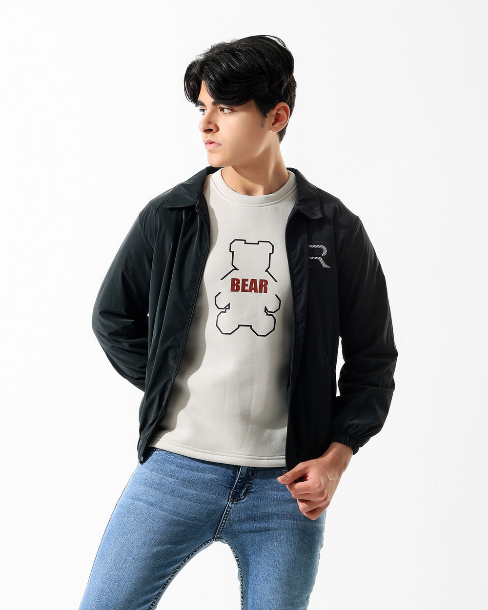 Bear Graphic Zip-Up Jacket & T-Shirt Set | Black - Remint Kids Fashion
