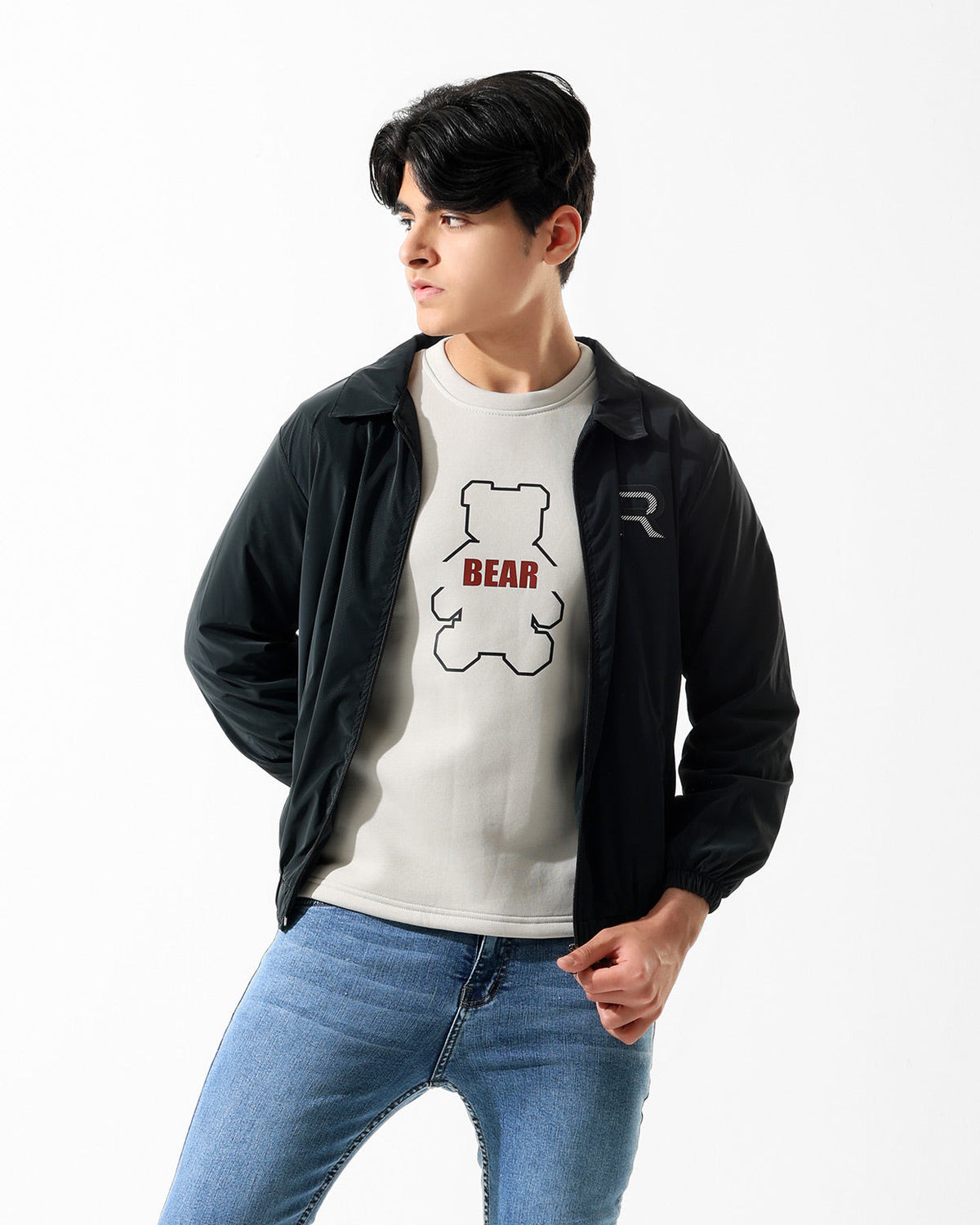 Bear Graphic Zip-Up Jacket & T-Shirt Set | Black - Remint Kids Fashion
