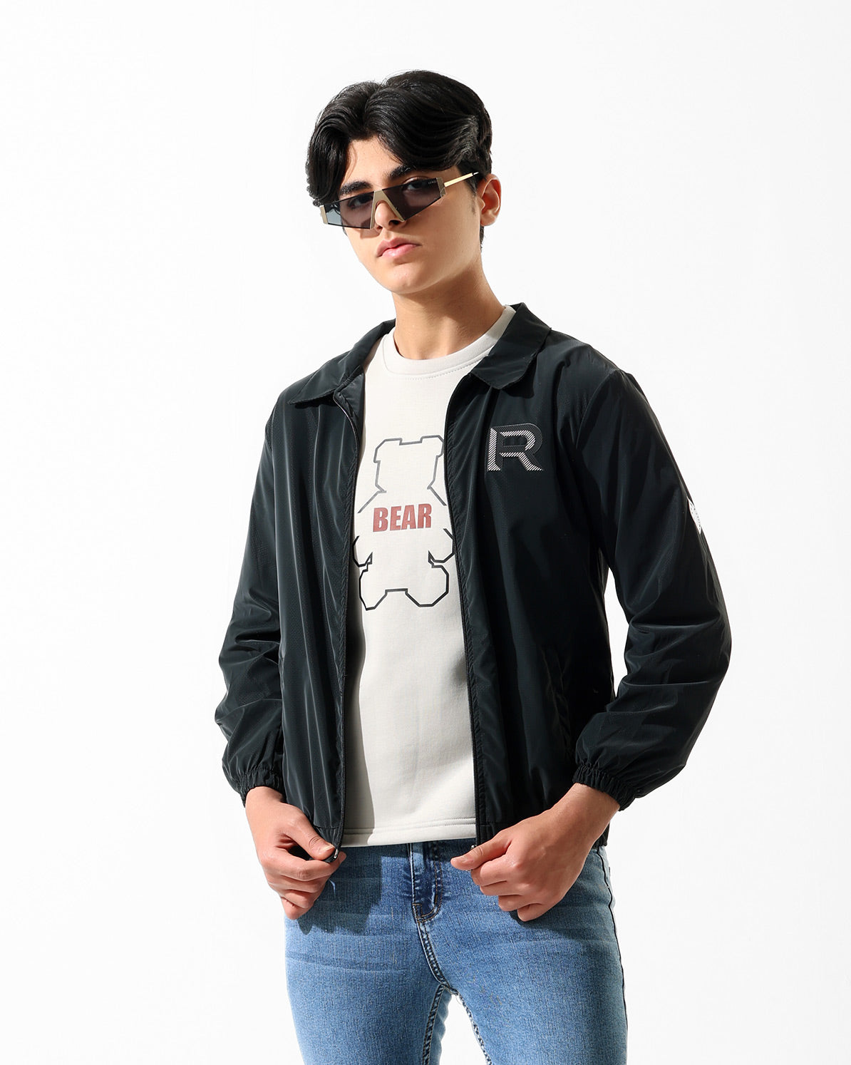 Bear Graphic Zip-Up Jacket & T-Shirt Set | Black - Remint Kids Fashion