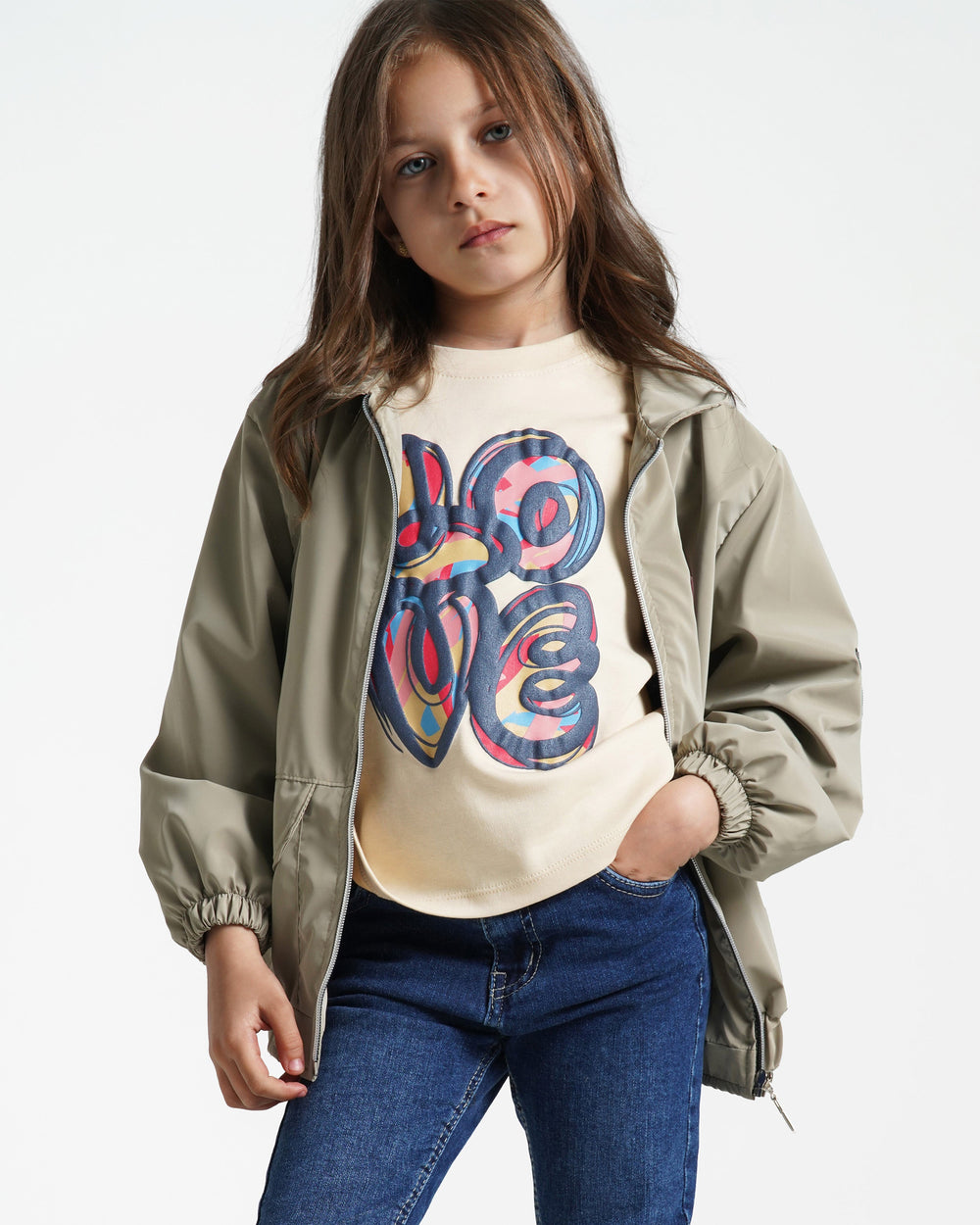 Girls Heart Patch Zip-Up Jacket | Beige - Remint Kids Fashion