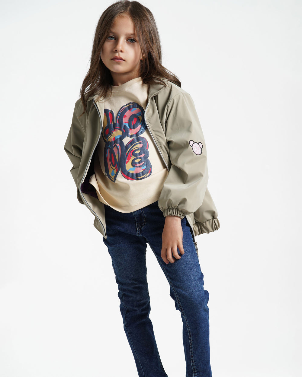 Girls Heart Patch Zip-Up Jacket | Beige - Remint Kids Fashion