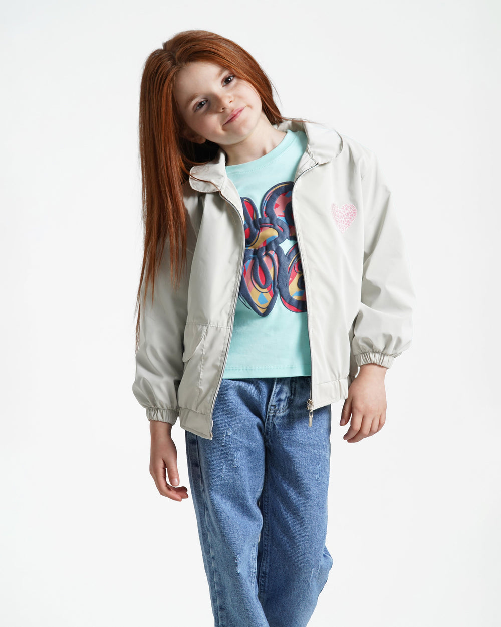 Girls Heart Patch Zip-Up Jacket | Grey - Remint Kids Fashion