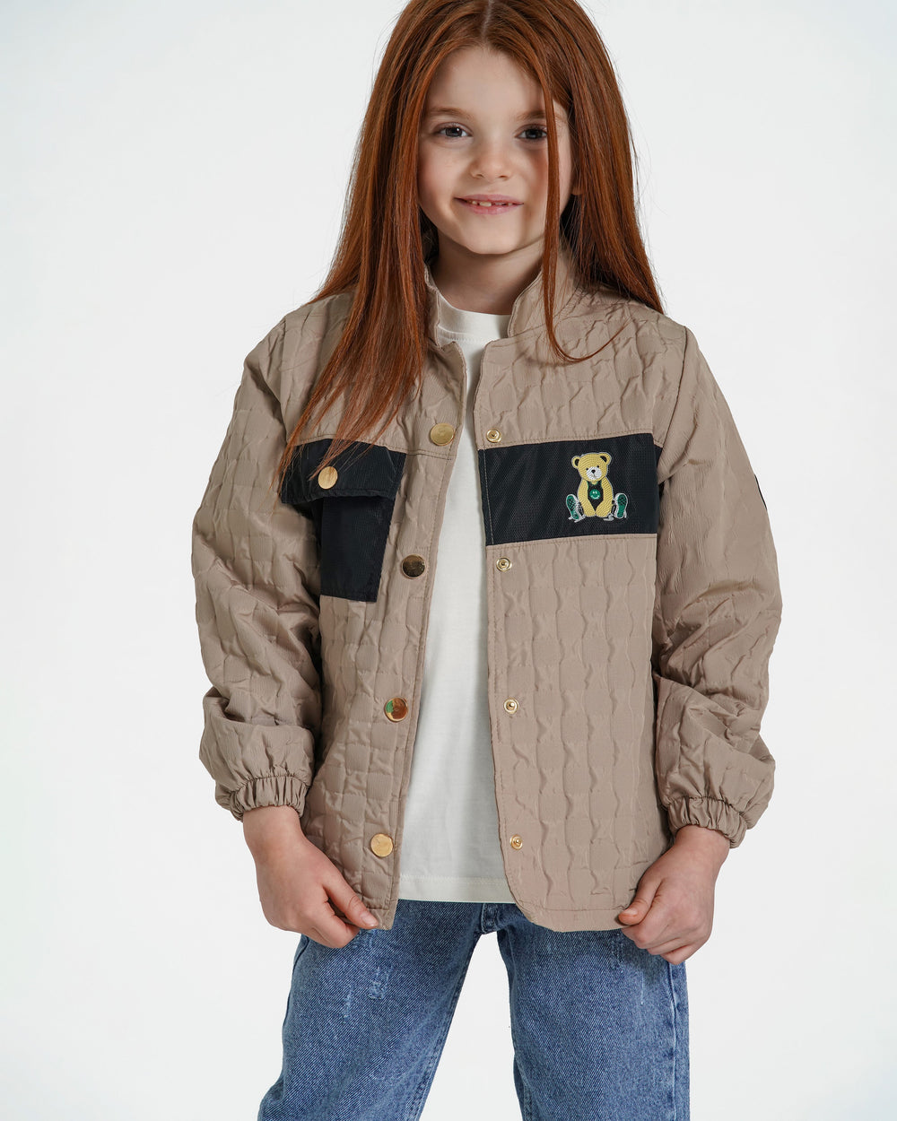Girls Quilted Teddy Patch Jacket | Beige - Remint Kids Fashion