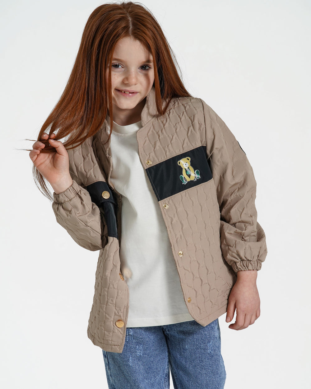 Girls Quilted Teddy Patch Jacket | Beige - Remint Kids Fashion