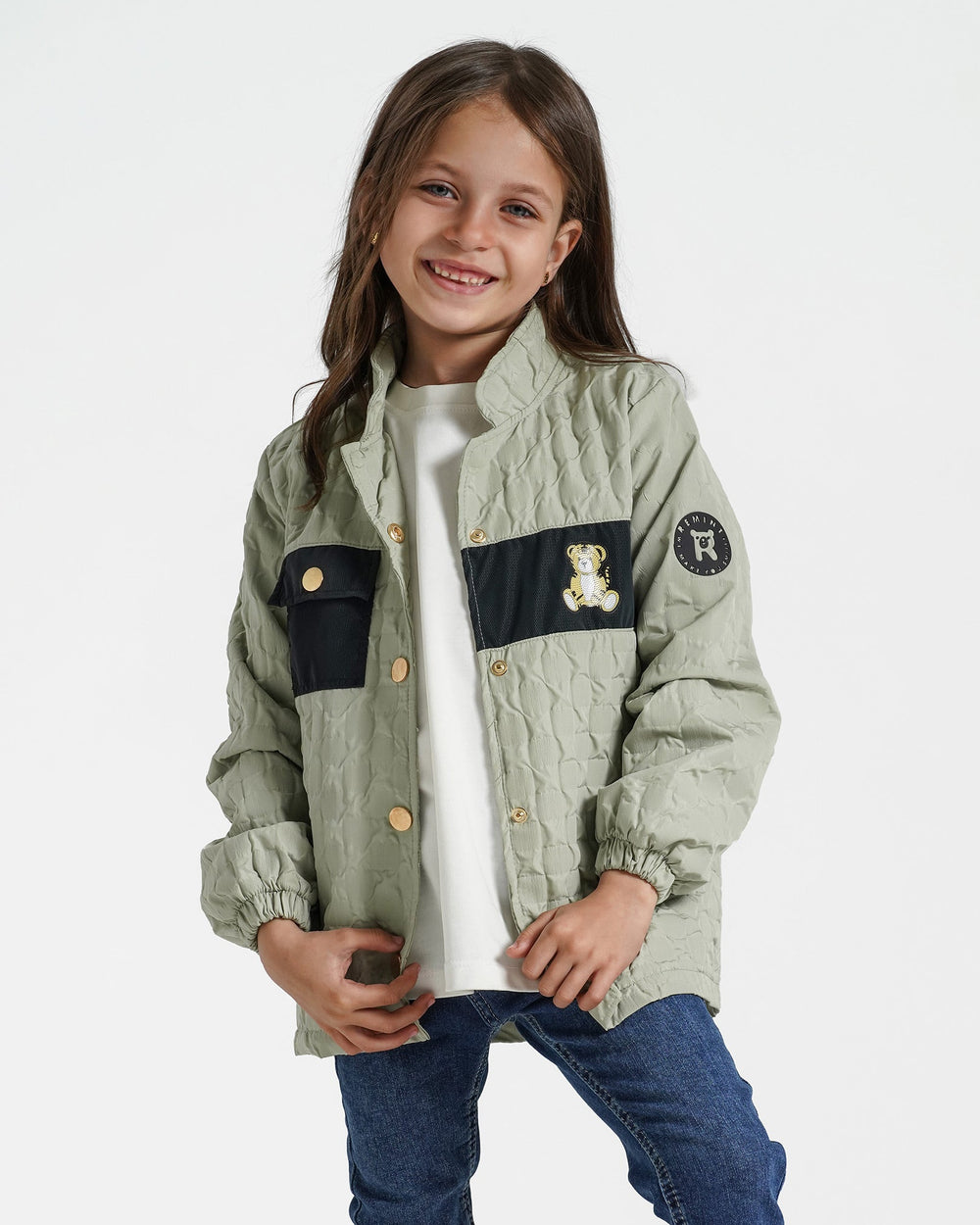 Girls Quilted Teddy Patch Jacket | Mint - Remint Kids Fashion