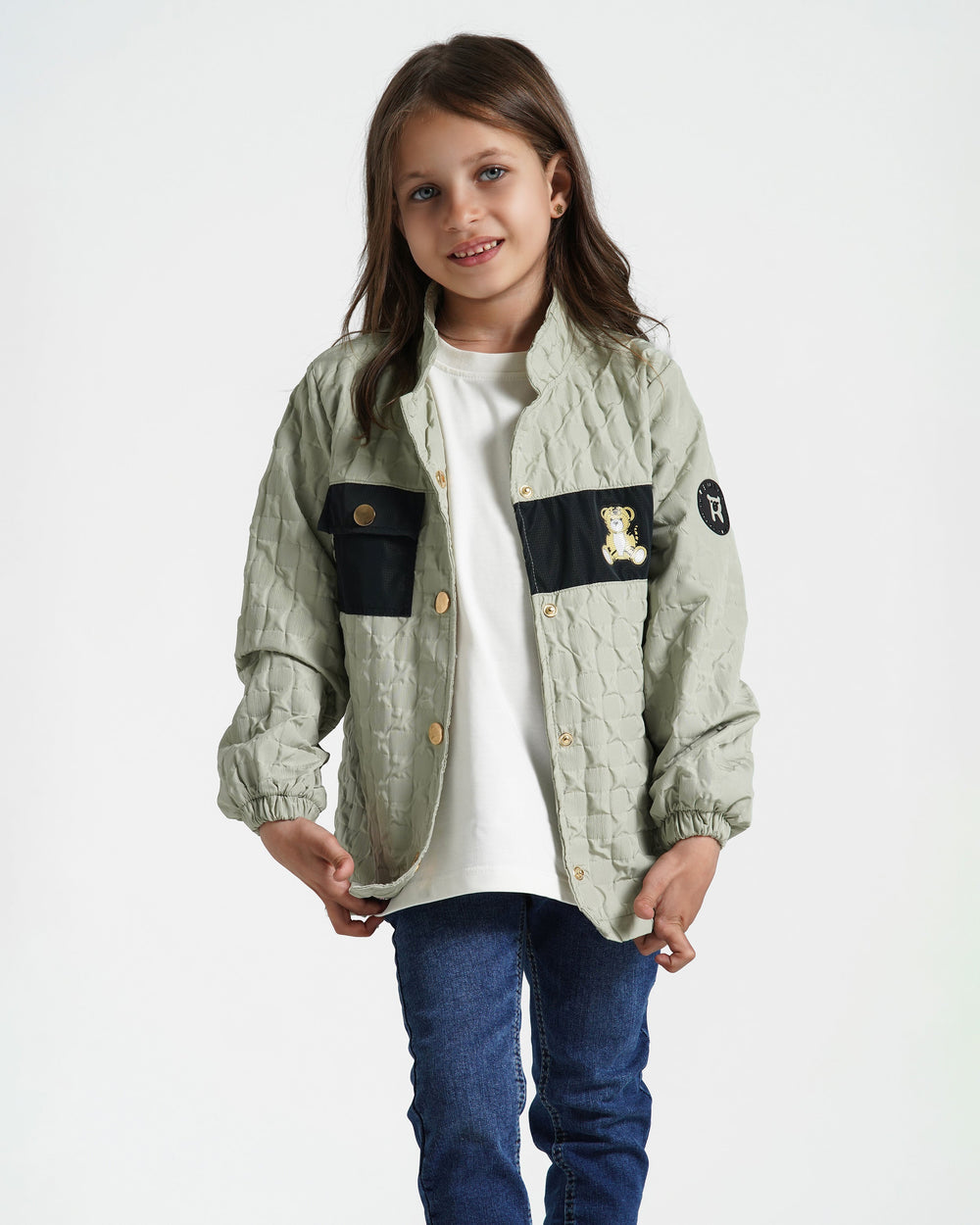 Girls Quilted Teddy Patch Jacket | Mint - Remint Kids Fashion