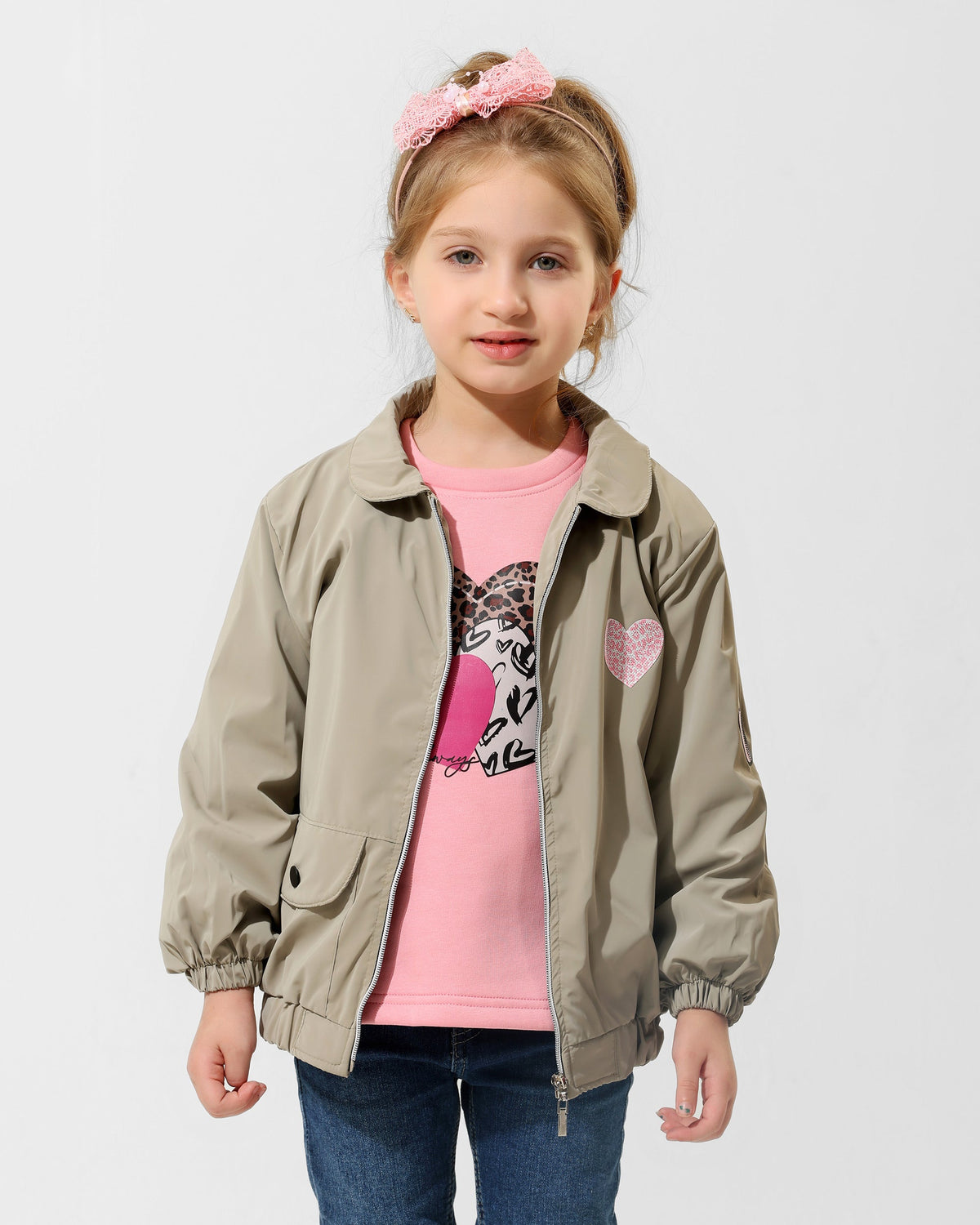 Girls Heart Print Jacket & T-Shirt Set | Beige - Remint Kids Fashion