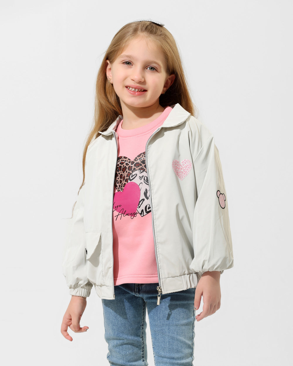 Girls Heart Print Jacket & T-Shirt Set | Grey - Remint Kids Fashion