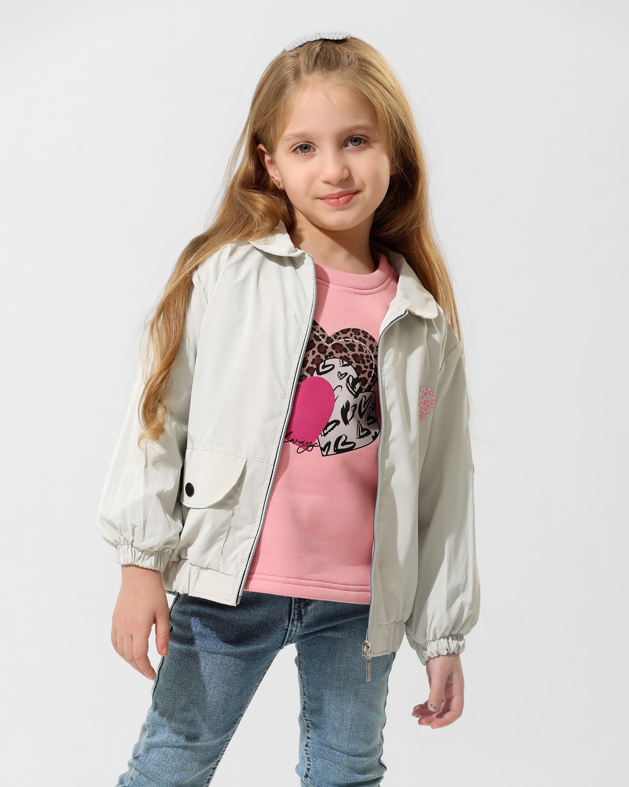 Girls Heart Print Jacket & T-Shirt Set | Grey - Remint Kids Fashion