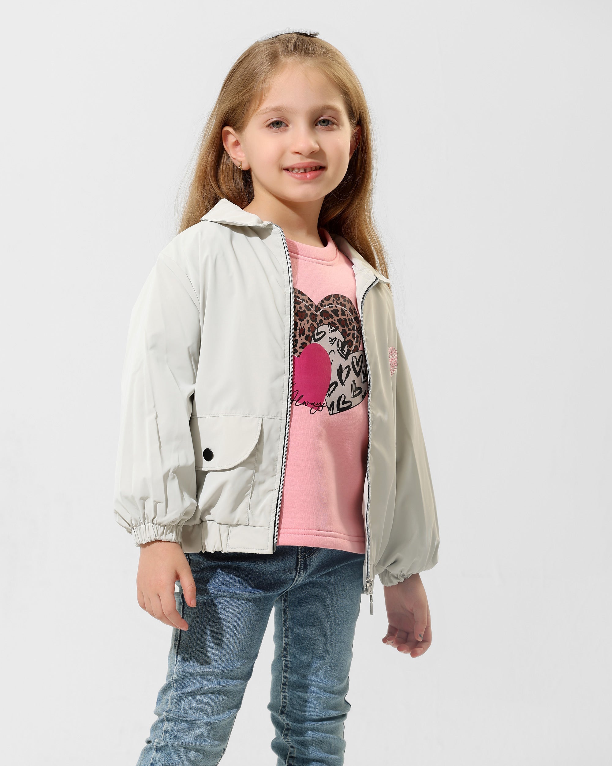 Girls Heart Print Jacket & T-Shirt Set | Grey - Remint Kids Fashion
