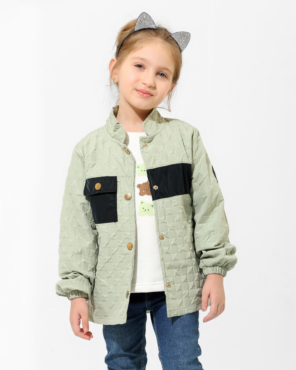Girls Bear Print Quilted Jacket & T-Shirt Set | Mint - Remint Kids Fashion
