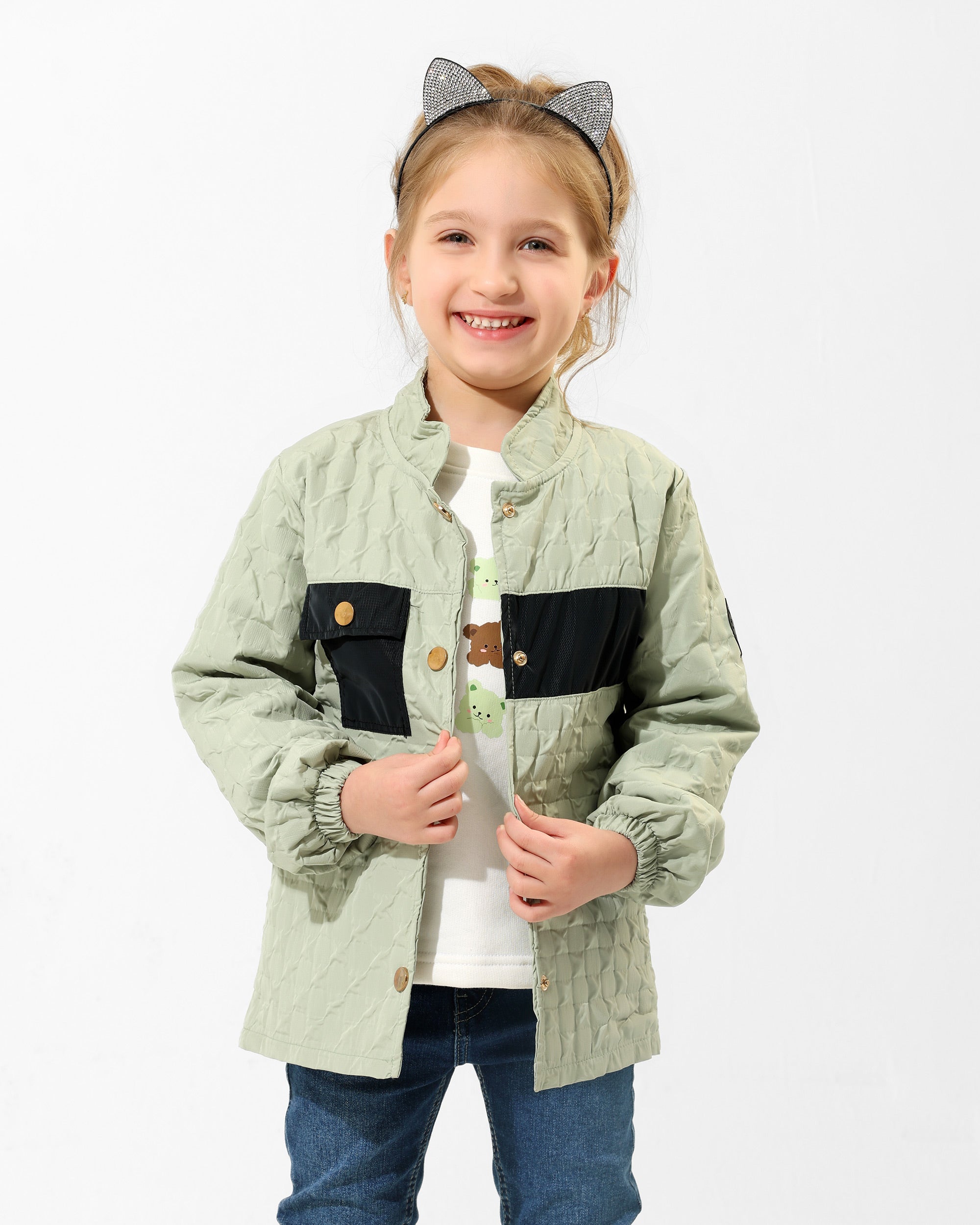 Girls Bear Print Quilted Jacket & T-Shirt Set | Mint - Remint Kids Fashion