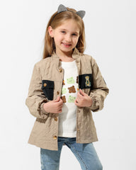 Girls Bear Print Quilted Jacket & T-Shirt Set | Beige - Remint Kids Fashion