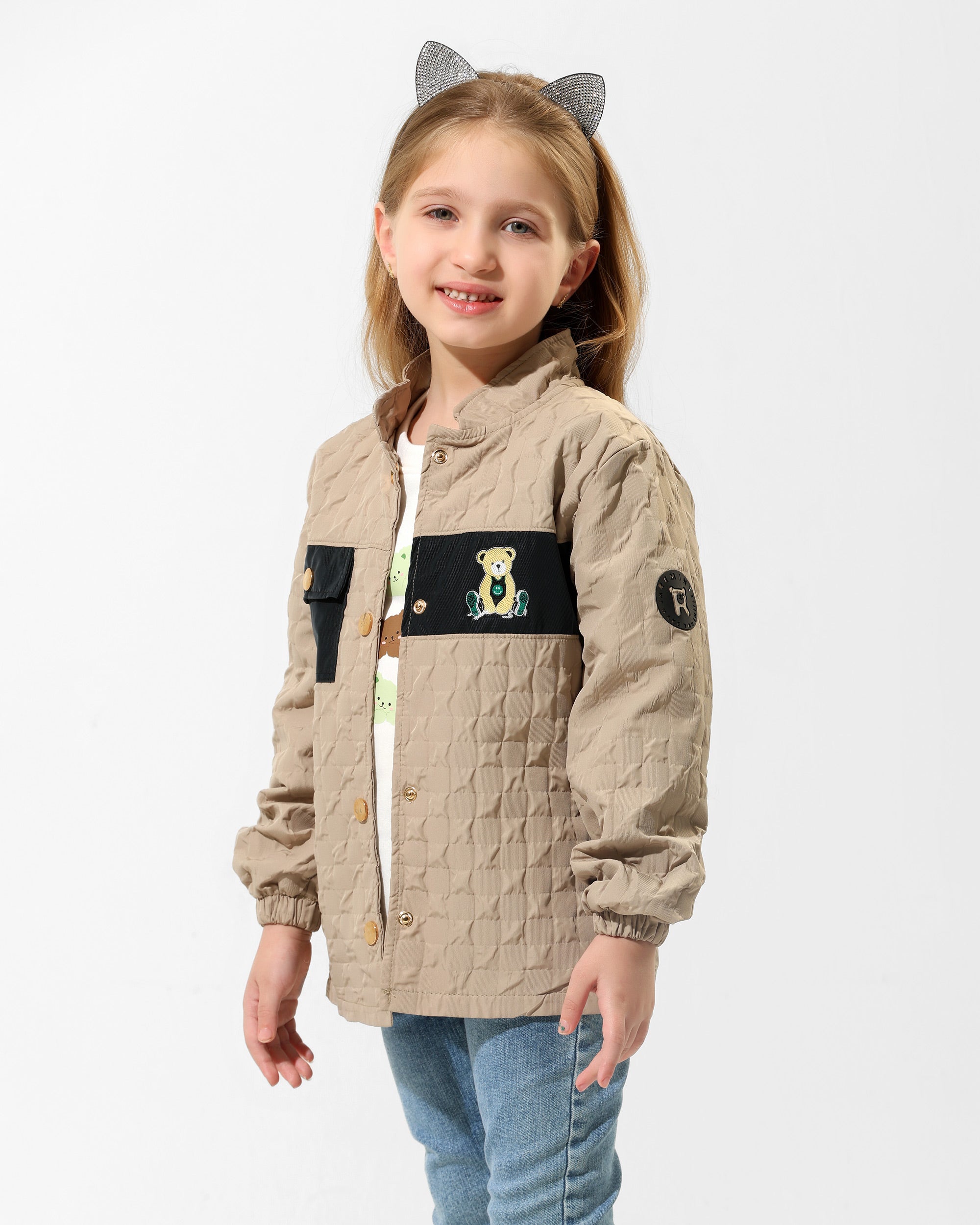 Girls Bear Print Quilted Jacket & T-Shirt Set | Beige - Remint Kids Fashion