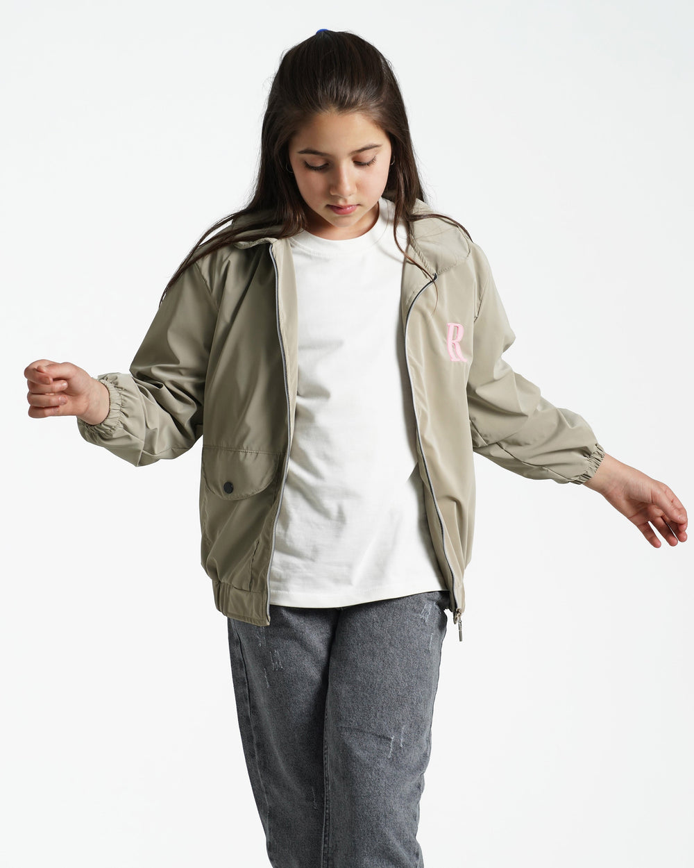 Girls Stylish Zip-Up Windbreaker | Beige - Remint Kids Fashion