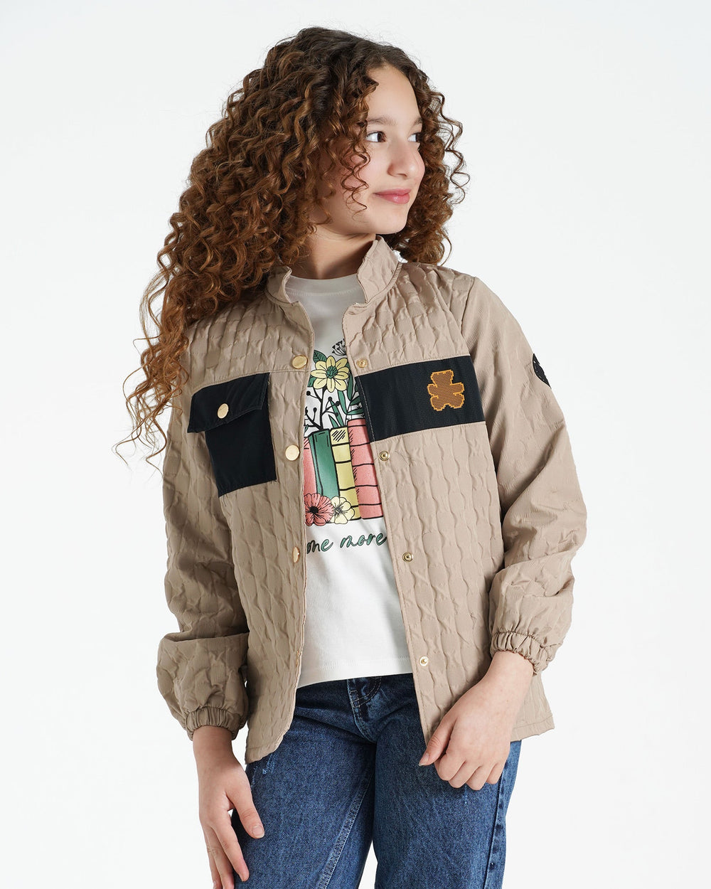 Girls Quilted Contrast-Pocket Jacket | Beige - Remint Kids Fashion