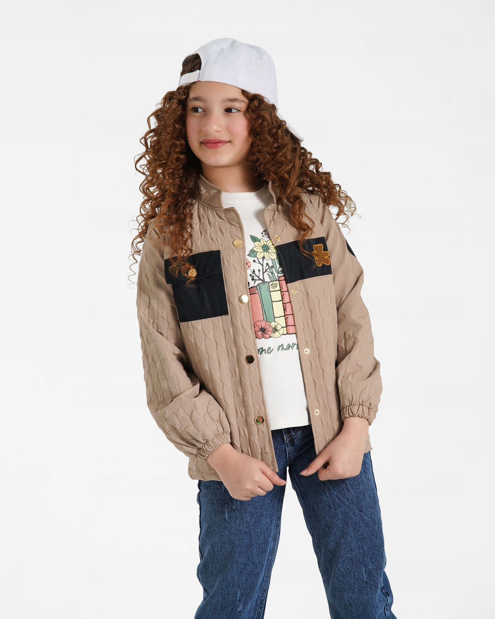 Girls Quilted Contrast-Pocket Jacket | Beige - Remint Kids Fashion