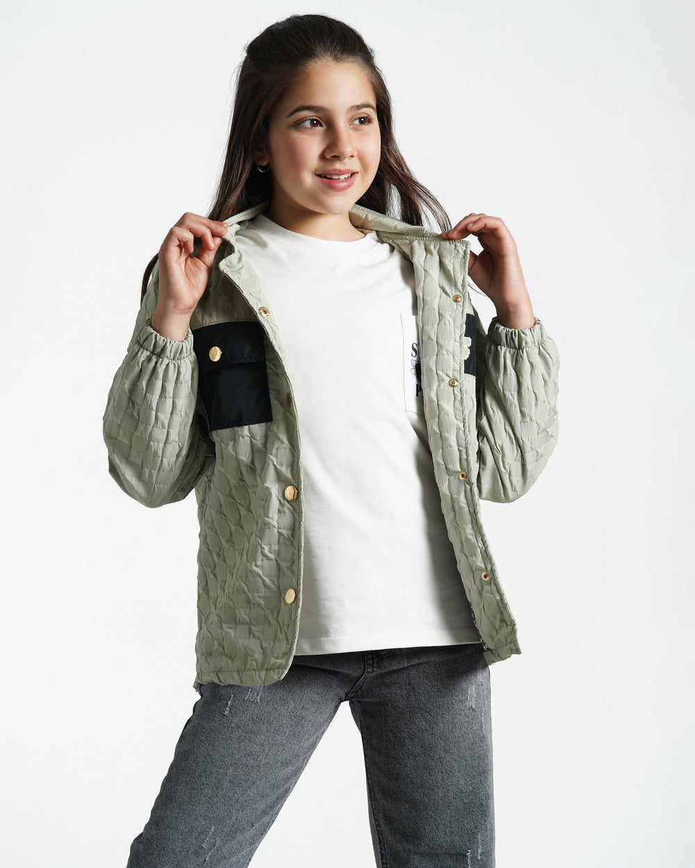 Girls Quilted Contrast-Pocket Jacket | Mint - Remint Kids Fashion