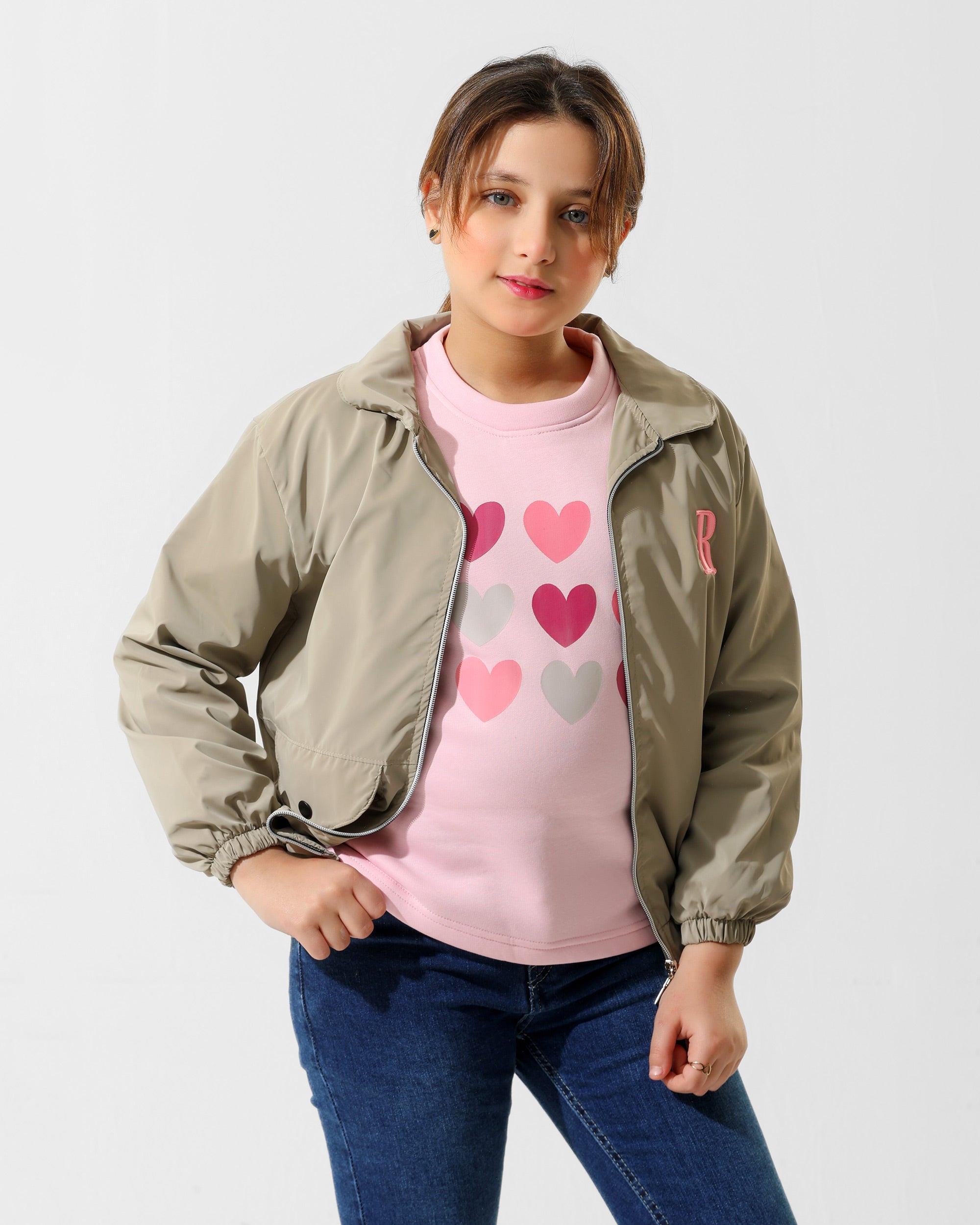 Girls Heart Print Jacket & T-Shirt Set | Beige - Remint Kids Fashion