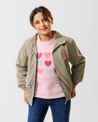 Girls Heart Print Jacket & T-Shirt Set | Beige - Remint Kids Fashion