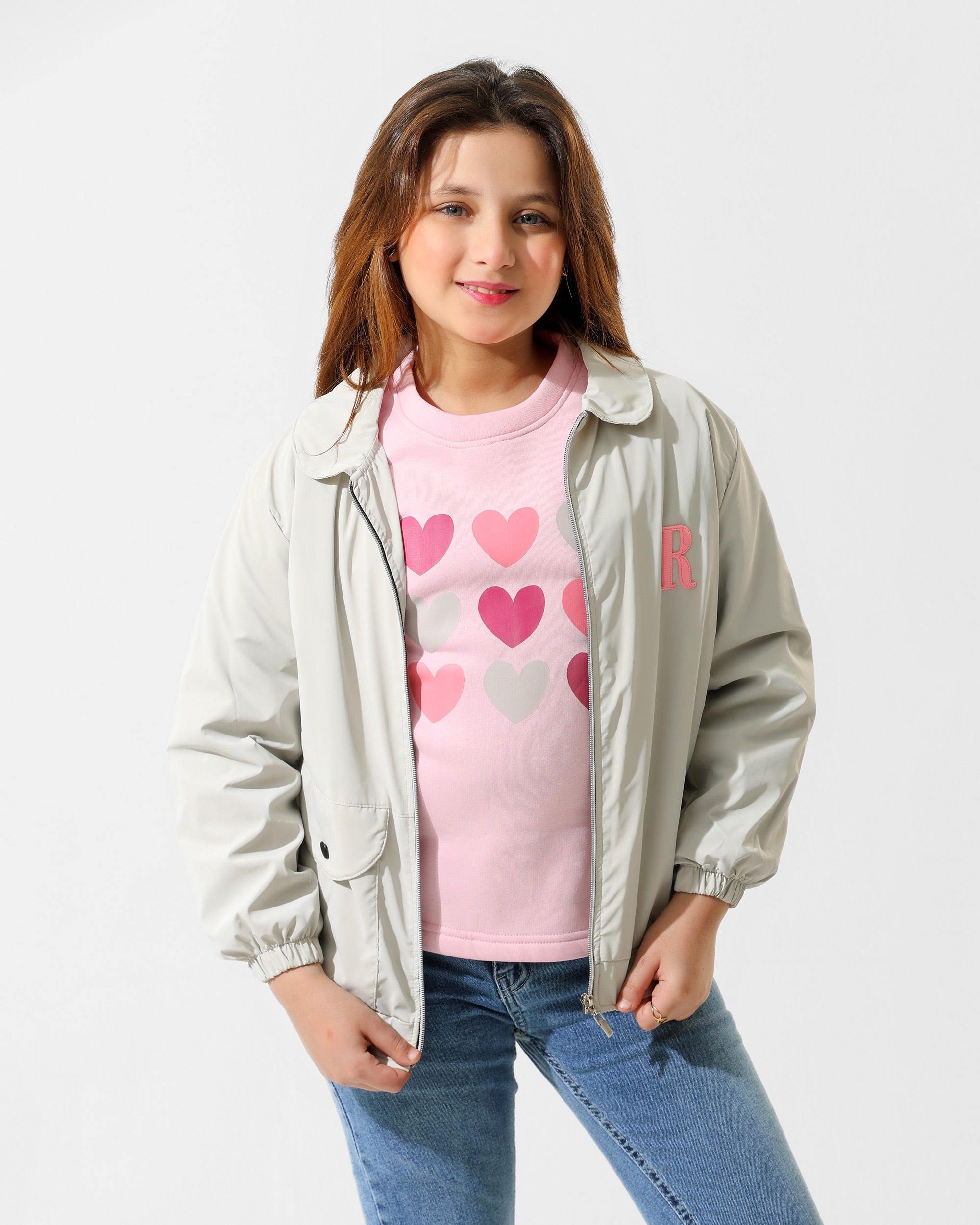 Girls Heart Print Jacket & T-Shirt Set | Grey - Remint Kids Fashion