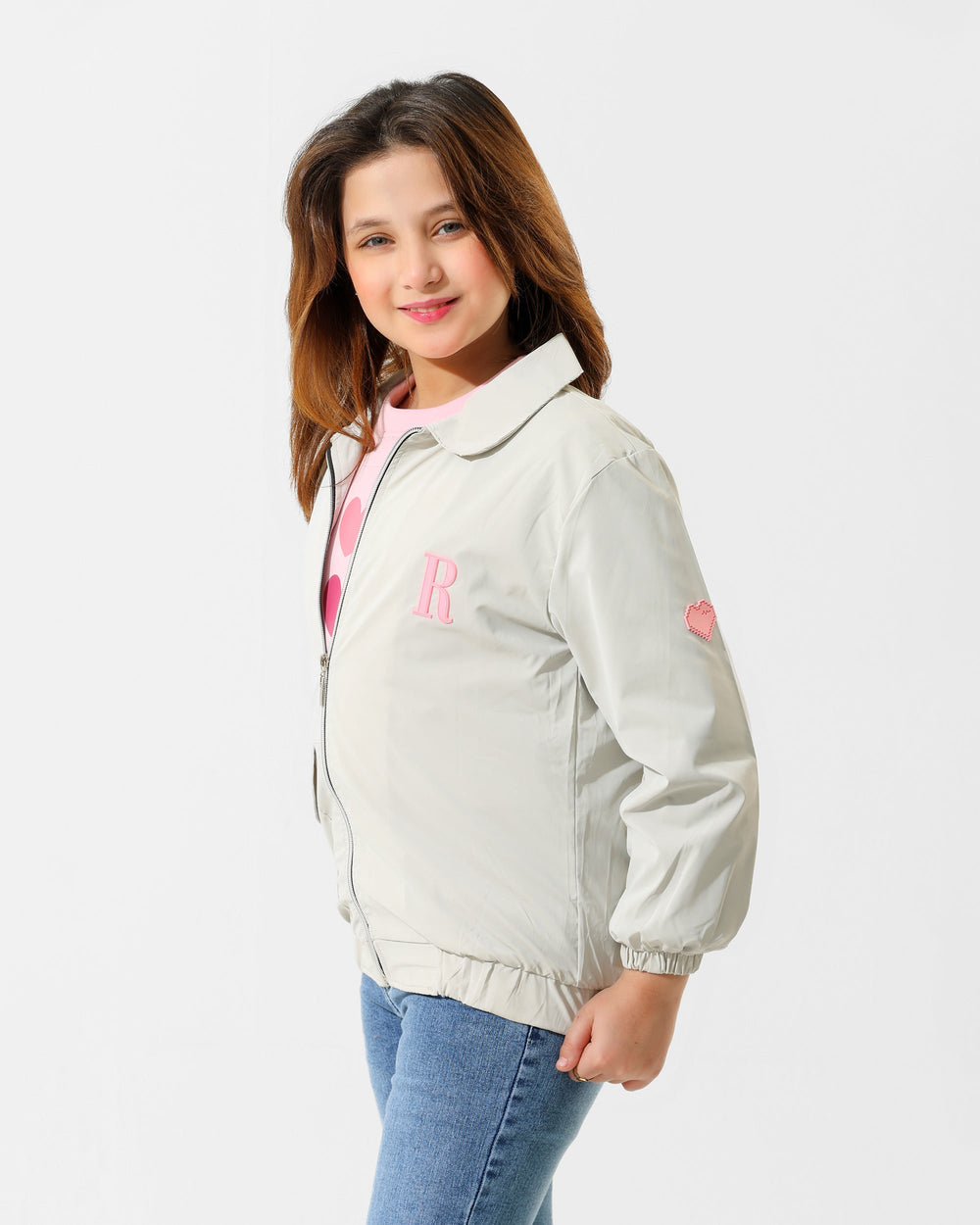 Girls Heart Print Jacket & T-Shirt Set | Grey - Remint Kids Fashion