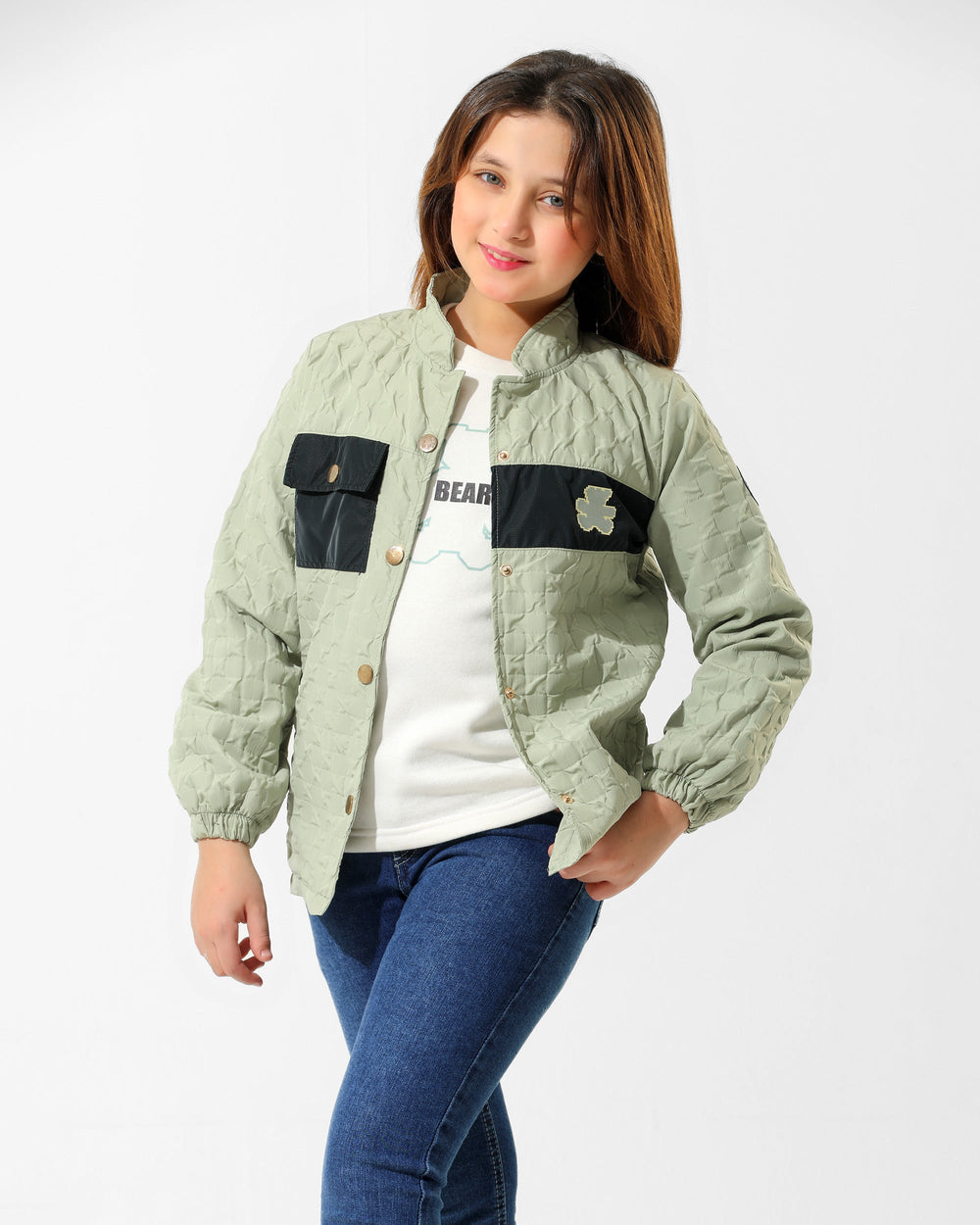 Girls Bear Print Quilted Jacket & T-Shirt Set | Mint - Remint Kids Fashion